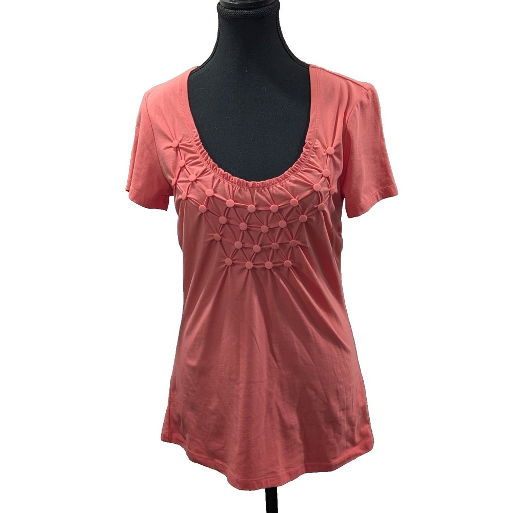 SPANNER Salmon Pink Smocked Lattice Top Short Sleeve Size S/P Cotton Spandex